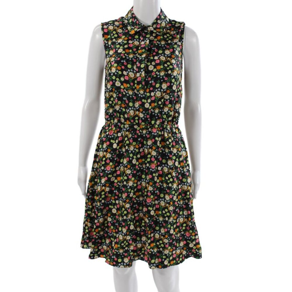 Tory Burch Women Black Silk Floral Shirt Dress Mid Calf Sleeveless Size 2
